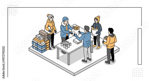 Community food donation event isometric design featuring volunteers