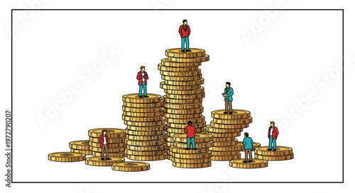 Business growth concept with miniature figures standing on piles of
