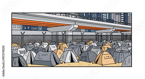 Urban tent shelter scene depicting homeless encampment under city
