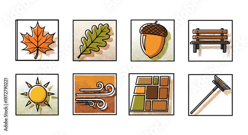 Autumn icons set with leaves acorn bench and seasonal elements