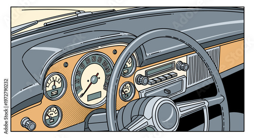 Retro car dashboard with vintage dials and steering wheel in cartoon