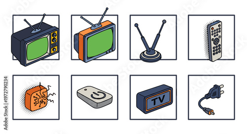 Retro television icon set with remote antenna and power plug in