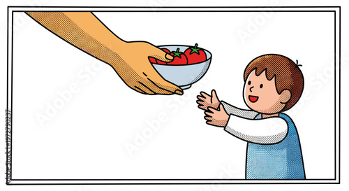 Child reaching for bowl of tomatoes with adult hand in pop art style