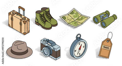 Vintage travel essentials in isometric design featuring boots camera