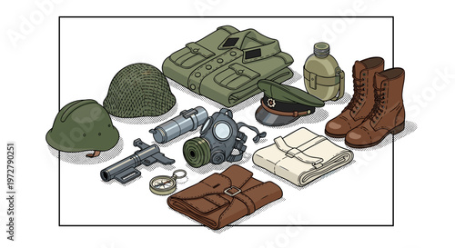 Military gear collection with vintage helmet boots and equipment