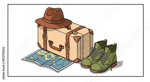 Travel preparation: vintage luggage boots and map in retro style