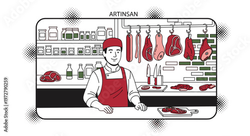 Butcher shop artisan preparing meat cuts in retro cartoon style