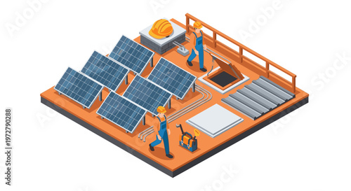 Isometric solar panel installation with construction workers on