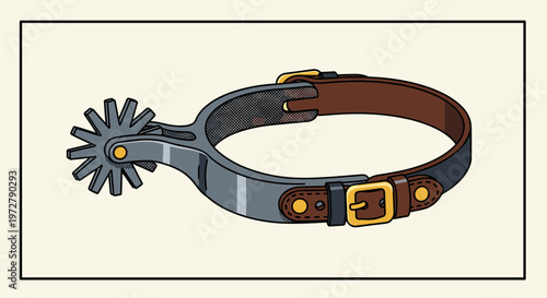 Retro western spur with brown leather strap and metal buckle in