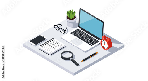 Modern office desk with laptop smartphone and accessories in