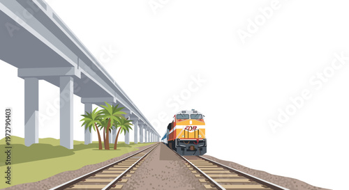 Modern train on rails near elevated track with palm trees in