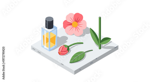 Isometric perfume composition with floral elements on display platform
