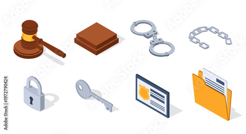 Isometric courtroom and security icons: gavel handcuffs badge key and