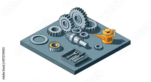 Isometric gear components with tools and oil can on industrial