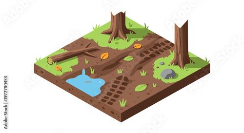 Isometric forest scene with tree stumps and muddy trail