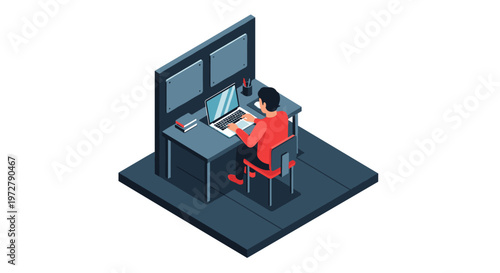 Isometric office workspace with man working on computer in modern