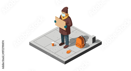 Isometric city scene: person holding sign with backpack on sidewalk