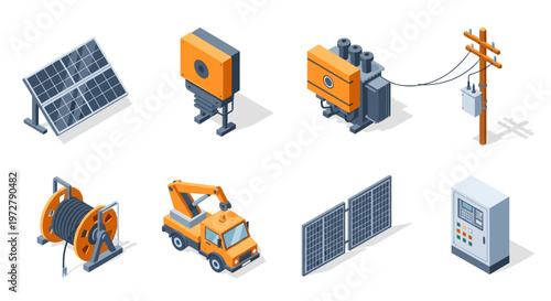 Renewable energy isometric icons: solar panels transformers and power