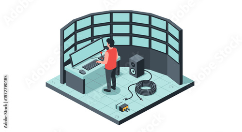 Isometric control room scene with monitors and equipment in modern