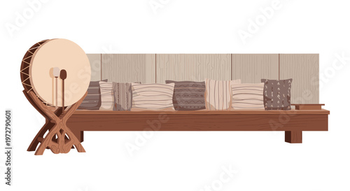 Cozy bohemian wooden sofa with drum and patterned cushions in neutral