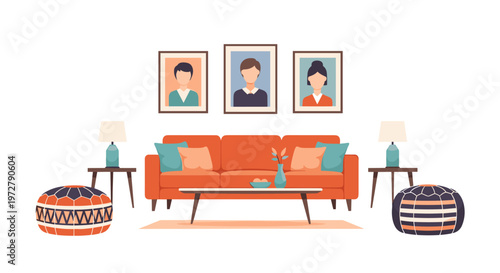 Modern living room with mid-century sofa and abstract wall art