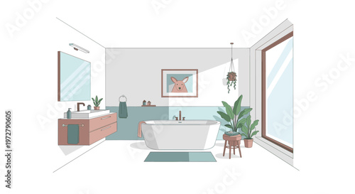 Modern minimalist bathroom with pastel colors and natural light