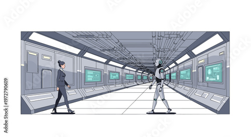 Futuristic corridor with human and robot interaction in sci-fi