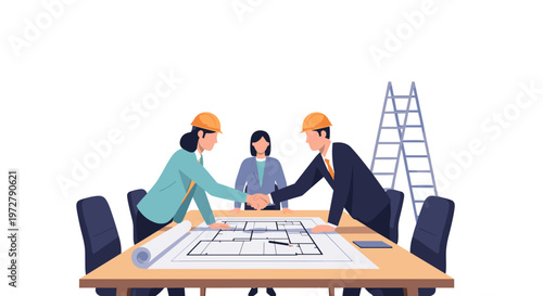 Architectural team collaboration over project blueprint with