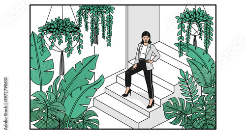 Woman on modern staircase surrounded by lush greenery and hanging
