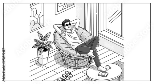 Relaxed afternoon: man in sunglasses enjoys cozy living room with