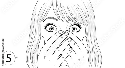 Surprised woman covering mouth hand drawn line art style