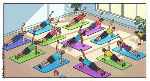 Diverse group practicing side plank in sunlit modern studio with