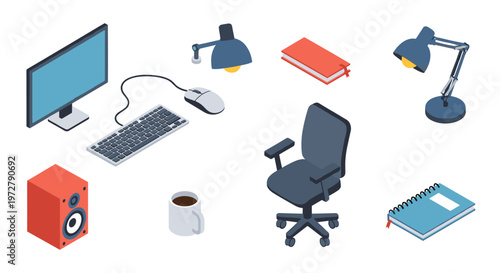 Isometric office objects set with desk chair and electronics
