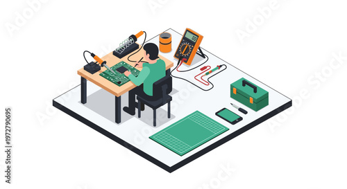 Isometric electronics workshop scene with technician soldering