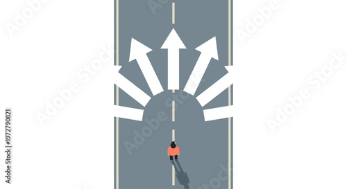 Person at crossroads facing multiple choices in minimalist design