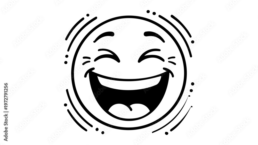 Obraz premium Joyful Laughing Face Emoji Vector Icon; Minimalist Black and White Line Art Illustration of a Happy Smiley with Wide Open Mouth and Squinting Eyes, Expressing Pure Joy and Laughter for Design.
