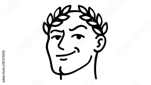 Vector icon illustration of a confident man wearing a laurel wreath, representing Julius Caesar or a Roman emperor with a smirk, minimalist flat line art style, AI-generated graphic design.