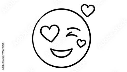 Minimalist love eyes face line icon vector illustration. Smiling emoji with heart-shaped eye, winking eye, and floating hearts. Scalable flat design for social media, messaging, and romantic themes.