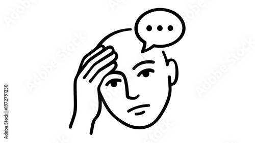 Minimalist Vector Icon Illustration of a Thinking Person with Hand on Forehead and Speech Bubble, Representing Confusion, Thought, or Mental Health Awareness, AI-Generated Flat Line Art