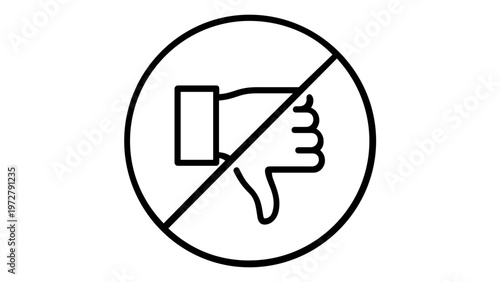No Thumbs Down Vector Icon Illustration: A Minimalist Line Art Design of a Dislike Hand Gesture Inside a Prohibited Sign, Representing Positive Feedback, No Negativity, and Approval Concepts.
