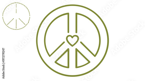Green Peace Sign Vector Icon Illustration with Heart Center and Dotted Details, Minimalist Symbol of Love, Harmony, and Pacifism for Graphic Design, Social Justice, and Anti-War Activism Projects