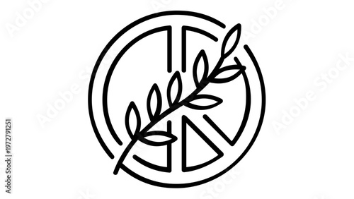 Minimalist Peace Sign Line Icon Vector Illustration Featuring an Olive Branch Symbolizing Global Harmony, Non-Violence, and Unity. Scalable AI-Generated Graphic for Social Justice and Peace.