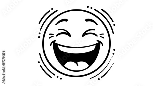 Joyful Laughing Face Emoji Vector Icon; Minimalist Black and White Line Art Illustration of a Happy Smiley with Wide Open Mouth and Squinting Eyes, Expressing Pure Joy and Laughter for Design.