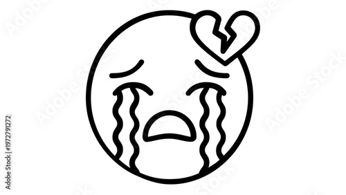 Heartbroken crying face vector icon illustration. Minimalist black line art of a sobbing emoji with tears and a cracked heart symbol, representing sadness, grief, sorrow, and emotional pain.