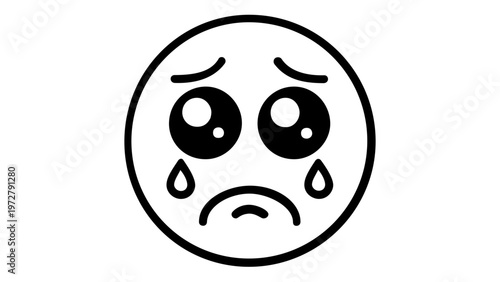 Sad Crying Face Emoji Vector Icon Illustration, Minimalist Black and White Line Art of a Sorrowful Expression with Large Watery Eyes, Teardrops, and a Frown Representing Grief and Sadness.