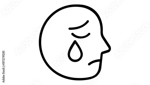 Sad crying face profile vector icon illustration. Minimalist line art of a person with a teardrop and frowning mouth, representing grief, sorrow, depression, and mental health awareness. AI-generated.