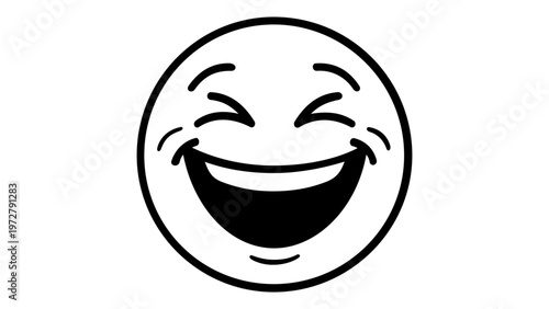 Laughing face emoji vector icon illustration. Minimalist flat line art of a happy smiling emoticon with wide open mouth and squinting eyes, perfect for joy, humor, and cheerful communication.