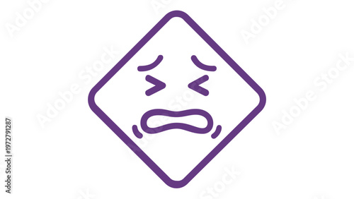 Sad and frustrated crying face vector icon illustration inside a diamond shape. Minimalist flat line art with blue to purple gradient representing grief, stress, pain, or negative emotions.