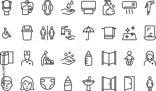 A collection of black and white line icons depicting various bathroom and hygiene related objects and symbols