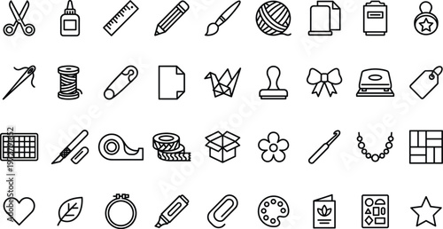 A collection of various craft and office supplies icons in black and white